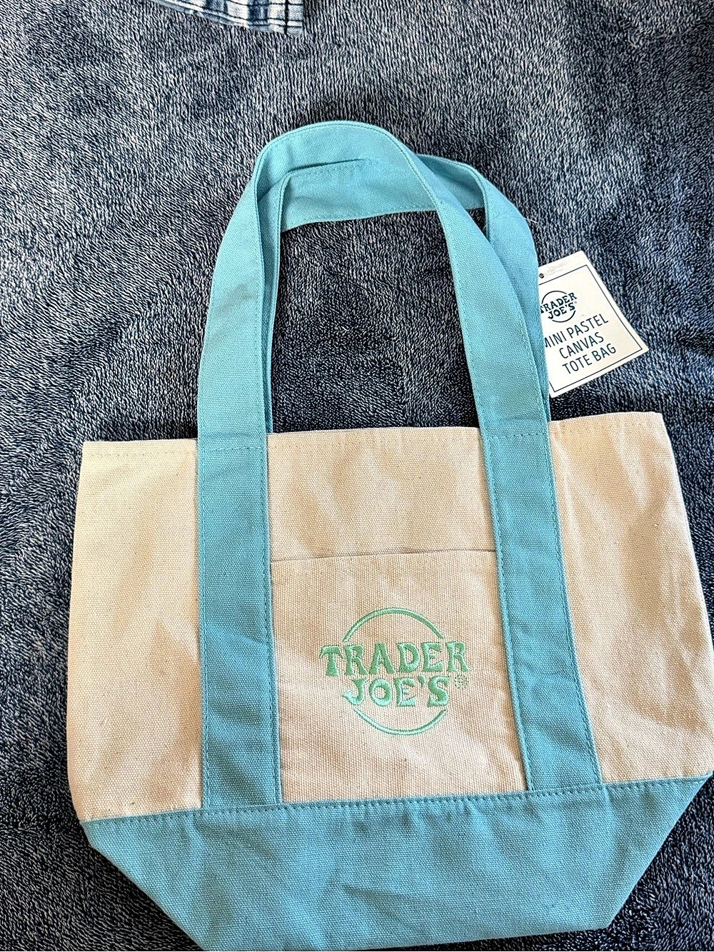 Trader Joe's Mini Pastel Canvas Tote Bag Blue & Beige
